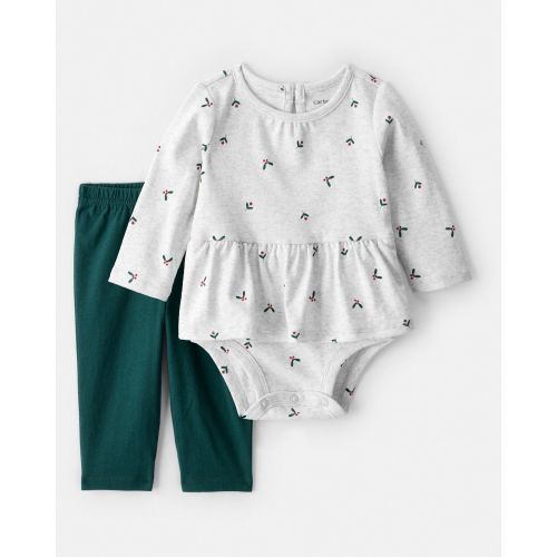 Baby Girl 2-Piece Bow Print Bodysuit & Pant Set - Grey | Carter's