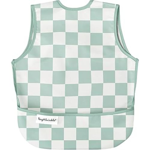 Twinkle Short Sleeve Apron Baby & Toddler Bib – Waterproof, Mess-Proof Bibs for Eating & Feeding, Machine Washable, Perfect Holiday Gift (Green Checkers, 6–24M)