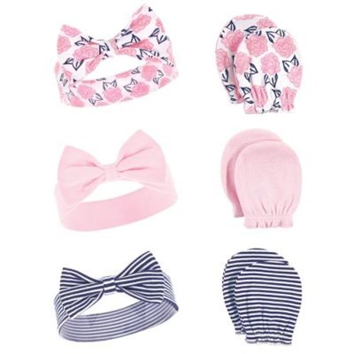 Hudson Baby Infant Girls Cotton Headband and Scratch Mitten 6pc Set, Navy Pink Floral, 0-6 Months