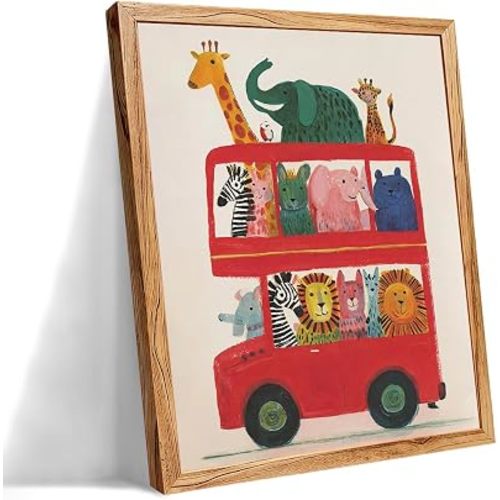 Framed Cute Colorful Animal Canvas Wall Art Modern Funny Kids Posters Safari Animals On Red Bus Scene Prints For Toddler Bedroom Nursery Wall Decor 12x16 inch