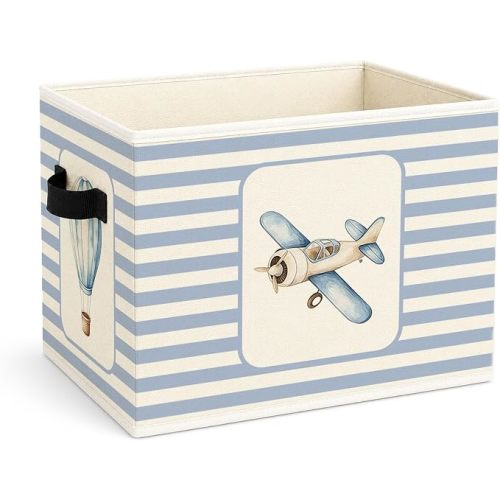 Airplane & Hot Air Balloon Storage Basket, Blue Stripe Foldable Toy Bin | Cute airplane and hot air balloon design with blue stripes; foldable fabric bin for toys, books, clothes, nursery.