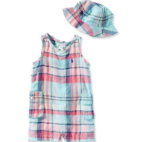 Ralph Lauren Baby Boys Short Sleeve Linen Plaid Shortall & Bucket Hat 2-Piece Set