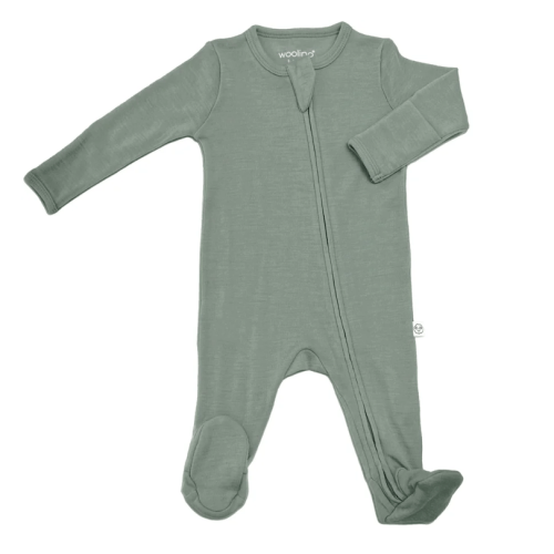 Footie Pajamas, Merino Wool, Sage