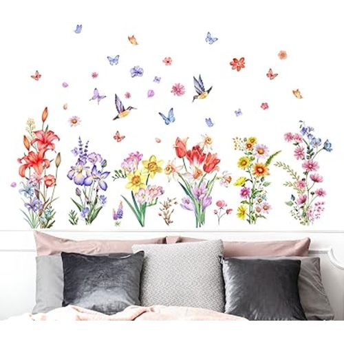 Watercolor Flower Wall Decals Stickers Birds Butterfly Floral Wall Stickers Removable Wildflower Wall Decor for Summer Girls Bedroom Living Room Nursery Decoration