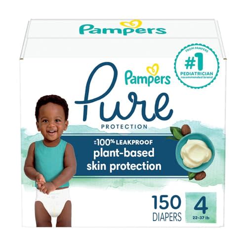 Pampers Baby Diapers - Pure Protection - Size 4, 150 Count, for up to 100% Leakproof, Premium Plant-based Skin Protection