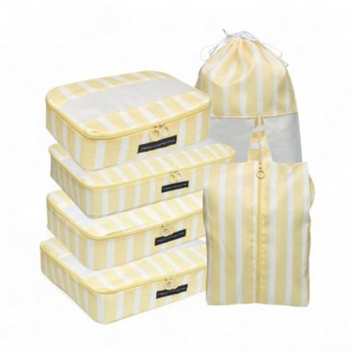 French Connection 6pc Packing Cube Set - Travel Storage Organizer Set for Luggage (Striped) in Yellow