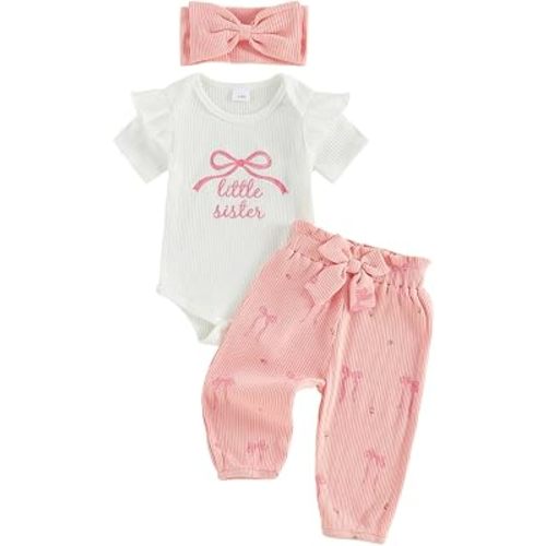 Twopumpkin Newborn Clothes Baby Girl Little sister Coming Home Outfit Ribbed Romper Muslin Pants Headband 0 3 6 9 12 Month