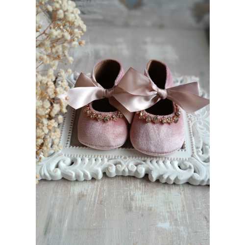 Elegant rhinestone baby girl velvet shoes with crystals, newborn, baptism, christenning, first birthday light pink, rose gold baby walkers