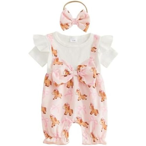 Western Baby Girl Clothes Horse Print Romper Bow Patchwork Jumpsuit Ruffle Sleeve Bodysuit Infant Cowgirl Outfit