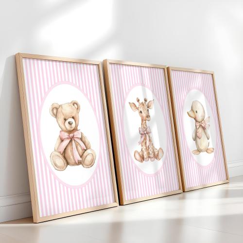 Pink Vintage Nursery Wall Art, Girl Nursery Decor, Pink Bear Nursery Wall Art, Pink Nursery Set of 3, Pink Bow Nursery Print 436A