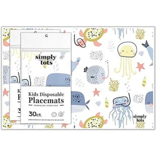 Disposable Placemats for Toddlers - 60 Pack Stick-On Disposable Placemats for Baby with Cute Print - 12"x18" Strong Adhesive Toddler Placemats - for Restaurants, Home, or Travel | Simply Tots Brand