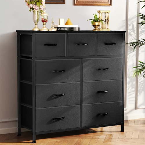 Bigleap 9 Drawer Dresser, Fabric Storage Tower Organizer with Wood Top and Steel Frame for Bedroom, Closet, Hallway, Entryway,Black