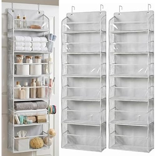 HOMELUX THEORY UPGRADED 6 Tiers Over The Door Organizer Hanging - 100D EXTRA THICK & 50lbs HUGE CAPACITY, 12 Side Mesh Pockets Over The Door Shoe Organizer, Hanging Closet Organizer (Transparent, 2pc)