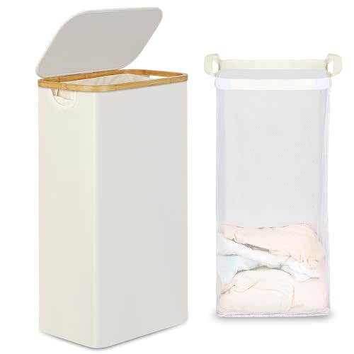 efluky Slim Laundry Basket with Lid, Narrow Laundry Hamper with Removable Bag, Skinny Dirty Clothes Basket with Bamboo Handles for Bathroom, Bedroom & Laundry Room, 75L Beige