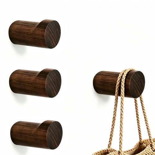 4 Pack Rustic Wood Wall Hooks  Handmade Walnut Wood, Heavy Duty Wall Mount for Coats, Hats, Robes & Towels, Boho Entryway & Bathroom Hanger