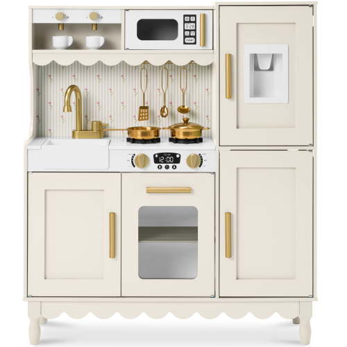 Best Choice Products Wooden Cottage Kids Pretend Play Kitchen with 11 Accessories, Espresso Machine - Cream