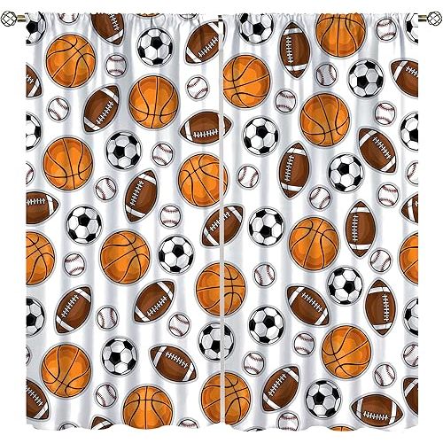 Kids Ball Decorative Curtains, Sports Athletic Theme American Football Basketball Baseball Rugby, Teenagers Children Boys Bedroom Living Room Curtains,42X45 Inch