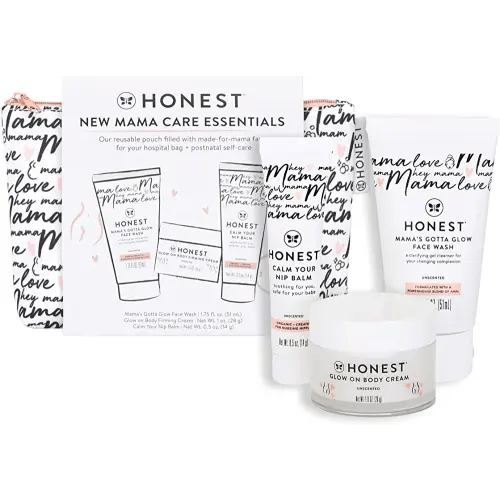 The Honest Company New Mama Care Essentials Gift Set | Hospital Bag Must Haves | Travel Size Nip Balm (0.5 oz), Glow On Body Cream (1 oz), Gotta Glow Face Wash (1.75 fl oz), Reusable Pouch