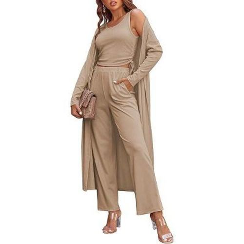 Ekouaer Women's 3 Piece Lounge Set Pajama Long Sleeve Cardigan Sleeveless Top Pants Sweatsuit Cream M