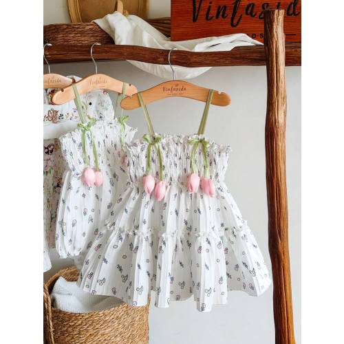 SHEIN Vintaside Kids Baby Girls' Ditsy Floral Dress With 3D Flower Decor, Cute Daisy & Tulip Pattern, Fashionable Versatile Casual Dress For Spring/Summer | SHEIN USA