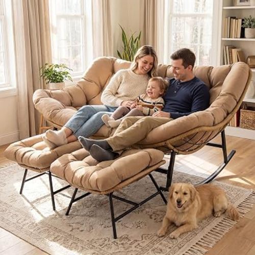Oversized Double Rocking Papasan Chair with Cushion, 2 Person Big Wicker Outdoor Comfy Recliner, Large Heavy Duty 700 lbs Loveseat for Patio, Balcony, Backyard