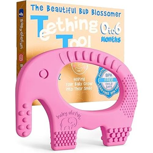Cute Valentines Day Baby Gift - Baby Elefun Teething Toys for Babies Age 0 to 6 Months - 5X Pain Relief Smart Teether, Zero Developmental Delay Pink Silicone Teething Toy for Infants and Baby Shower