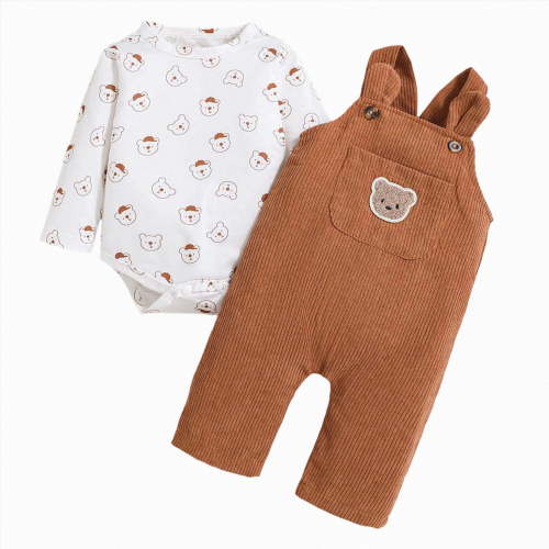 CAUYDY Baby Boys Coming Home Outfit Infant Boy Long Sleeve Romper Set Toddler Fall Winter Bodysuit Newborn Clothes 0 3 6 9 Months 1T 2T Sizes 0-3 Months,Coffee