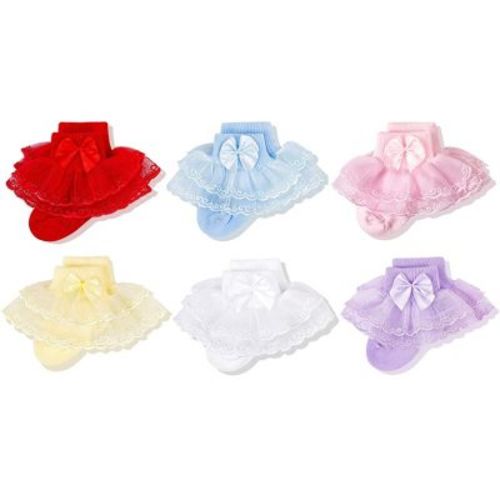 CozyWay Baby-Girls Lace Frilly Ruffle Socks Newborn Infants Eyelet Trim Ankle Dress Socks With Bow 6 Pairs 6-18 Months