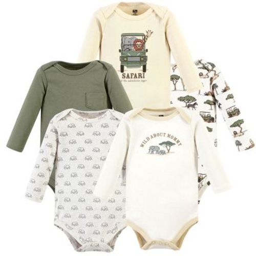Hudson Baby Basics Infant Baby Cozy Long Sleeve Bodysuits 5-Pack, Jungle Expedition, 0-3 Months