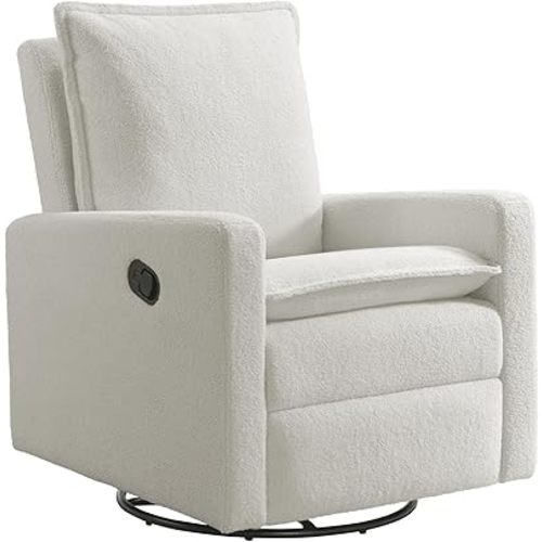 Oxford Baby Uptown Manual Upholstered Glider Recliner Rocking Chair 360° Swivel for Nursery and Living Room – Boucle White