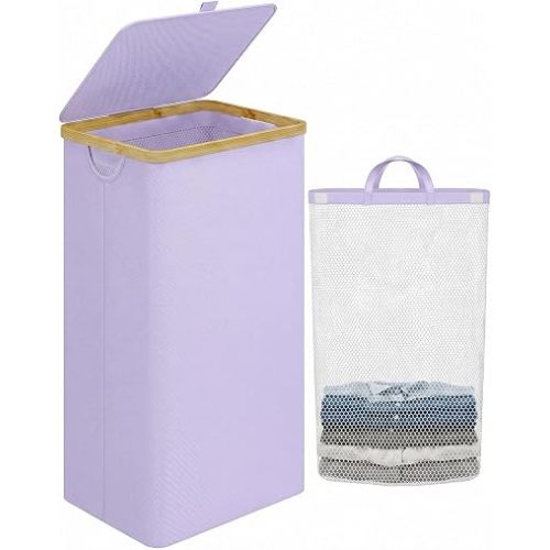 Laundry Hamper with Lid, 110L Large Laundry Basket with Removable Bag, Clothes Basket Hamper with Bamboo Frame for Clothes Towels Organizer- Purple