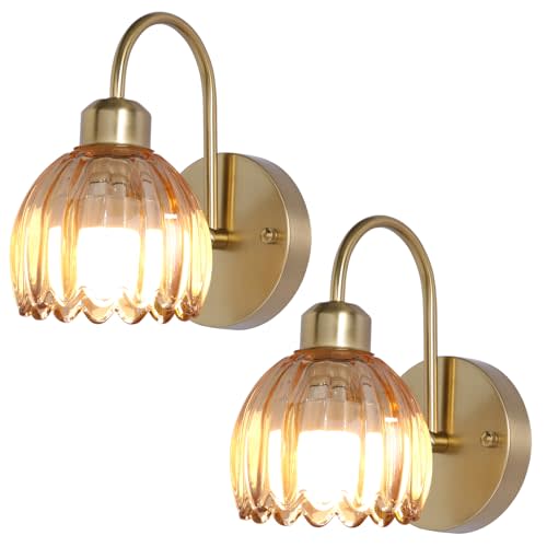 Vintage Wall Sconce Set of Two Wireless Installation for Bedroom | Rechargeable Battery Operated Light Bulbs 3600mAh Remote Control Timer Dimmable 15RGB Gold Tulip Glass Lampshade