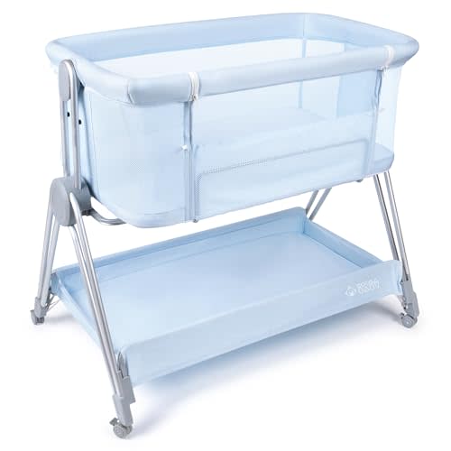 KOOLABABY Baby Bedside Sleeper - Bassinet & Bedside Crib with Height Adjustment & Wheels - Can Be Placed Next to Bed - Attaches to Parents Bed - Easy to Fold & Carry Bassinet for Boys (Blue)