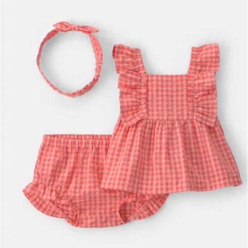 Baby Girl 3-Piece Gingham Top & Short Set - Coral | Carter's
