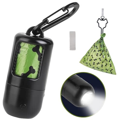 Dog Poop Bag Holder with Flashlight, USB Rechargeable, Doggie Waste Bag Dispenser for Leashes, Includes 1 Roll Extra Thick Bags, Clip & Holder - by PetIsay(Black)