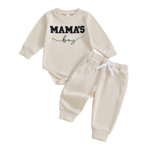 Kupretty Baby Boy Clothes 3 6 12 18 Months Fall Winter Outfit Mama's Boy Embroidery Waffle Long Sleeve Romper Pants Set