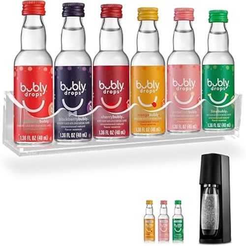 Acrylic Holder for SodaStream Bubly Bubbly Drops Flavors, Wall Mount Storage for SodaStream Flavor Countertop Organizer, Floating Display, Clear, Holds up to 6 Bottles (Shelf only)