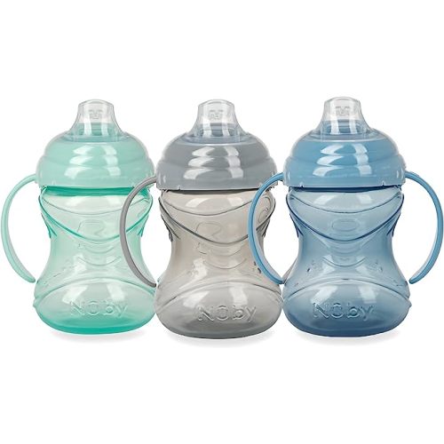 Nuby 3 Count No-Spill Grip N’ Sip Cup - 10 oz | Silicone Soft Flex Spout - 2 Handles - Clik It Lock Feature - Blue/Gray/Aqua
