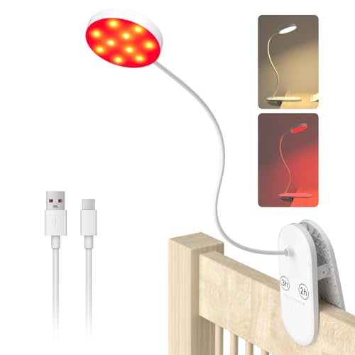 Diomart Rechargeable LED Desk Lamp, Clip On Dimmable Reading Light with Timer, Red Light Sleep Aid Bedside Lamp for Workbench, Kids, Studying，Home