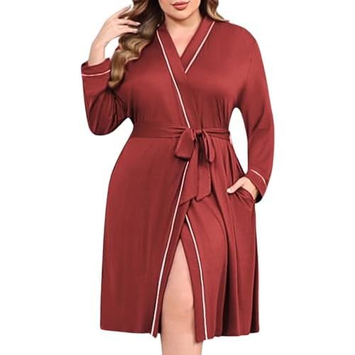 Ekouaer Plus Size Robes for Women Lightweight Bathrobe V Neck Kimono Loungewear Soft Maternity Robes with Pockets 1X-5X