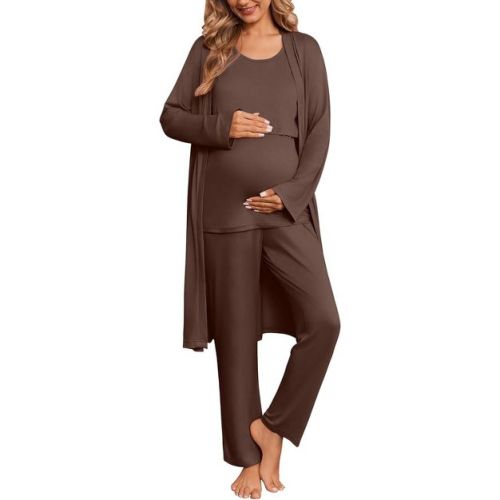 Ekouaer Nursing Pajamas Maternity Robe Set 3 Pieces Postpartum Maternity Pajama Set Pregnancy Breastfeeding Pj Coffee Brown L