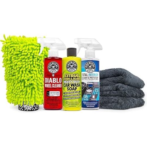 Chemical Guys HOL357 Clean & Shine Car Wash Starter Kit - Safe for Cars, Trucks, Motorcycles, SUVs, Jeeps, RVs & More (7 Piece Set, Including 3 16 oz. Car Detailing Chemicals)
