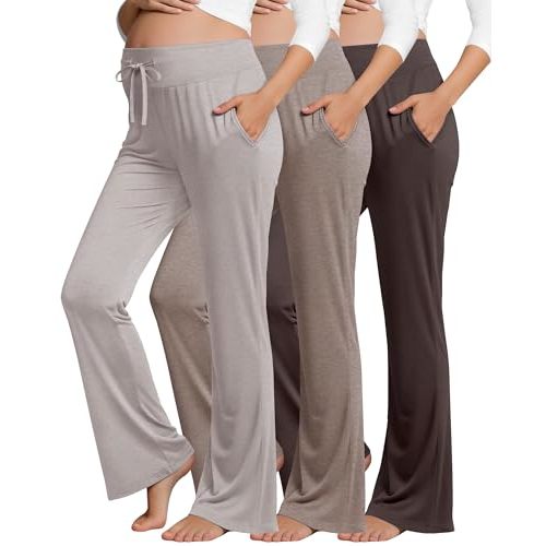 Neer 3 Pack Women's Maternity Lounge Pants Pregnancy Wide Leg Casual Sweatpants Drawstring Flare Pants with Pockets