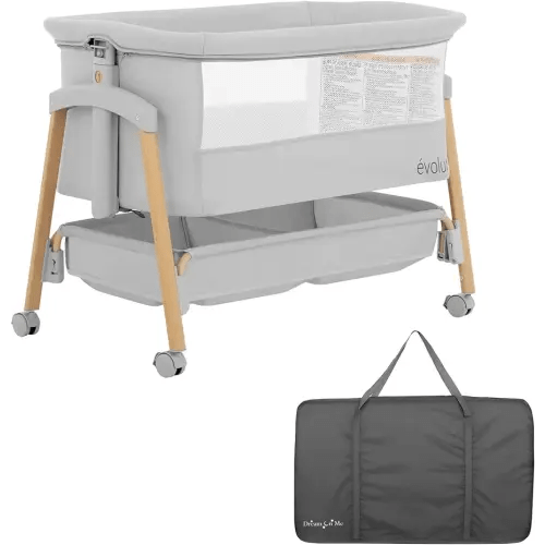 évolur Lullaby Portable Bassinet with Wheels, Adjustable Bedside Sleeper, Breathable Mesh Sides, Large Storage Basket, Easy Fold, and Travel Bag Included, Perfect for Newborns & Infants - Light Gray