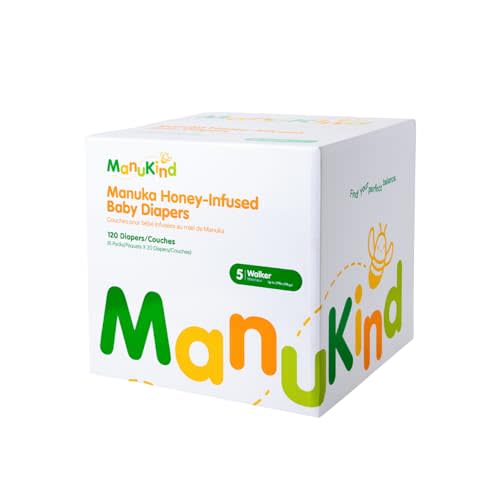 ManuKind Baby Diapers, Manuka Honey Infused, Ultra Soft, Plant-Based Materials, Quick-Dry Comfort, Leak Guard Protection, Size 5 – 120 Diapers (6 Packs of 20)