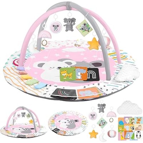 Baby Play Gym & Activity Mat, 4-in-1 Tummy Time Mat with Support Pillow, 7 Detachable Sensory Toys & Educational Cards for Motor Skills Development, Newborn Essentials Shower Gift, Pink Koala