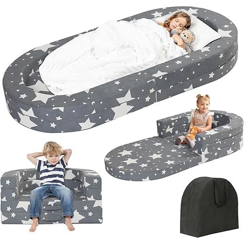 Travel Toddler Bed, 3-in-1 Portable Foldable Toddler Chair,Soft Foam Floor Bed Lounger with Washable Cover,Star
