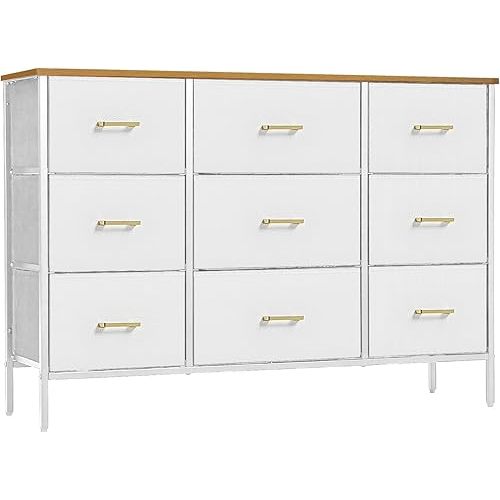 VASICAR Wide TV Stand Modern TV Console, 9 Drawers Dresser for Bedroom, Fabric Storage Cabinet, Chest of Drawers for Closet, Nursery, Living Room（Classic White）