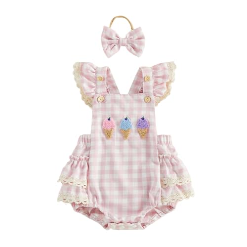 Baby Girl Plaid Romper Lace Trim Ice Cream Embroidery Ruffle Sleeve Infant Bodysuits Jumpsuits with Headband