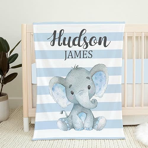 Personalized Blue Elephant Baby Blanket - Custom Name, Soft & Toddler Size - Themed Kids Blanket
